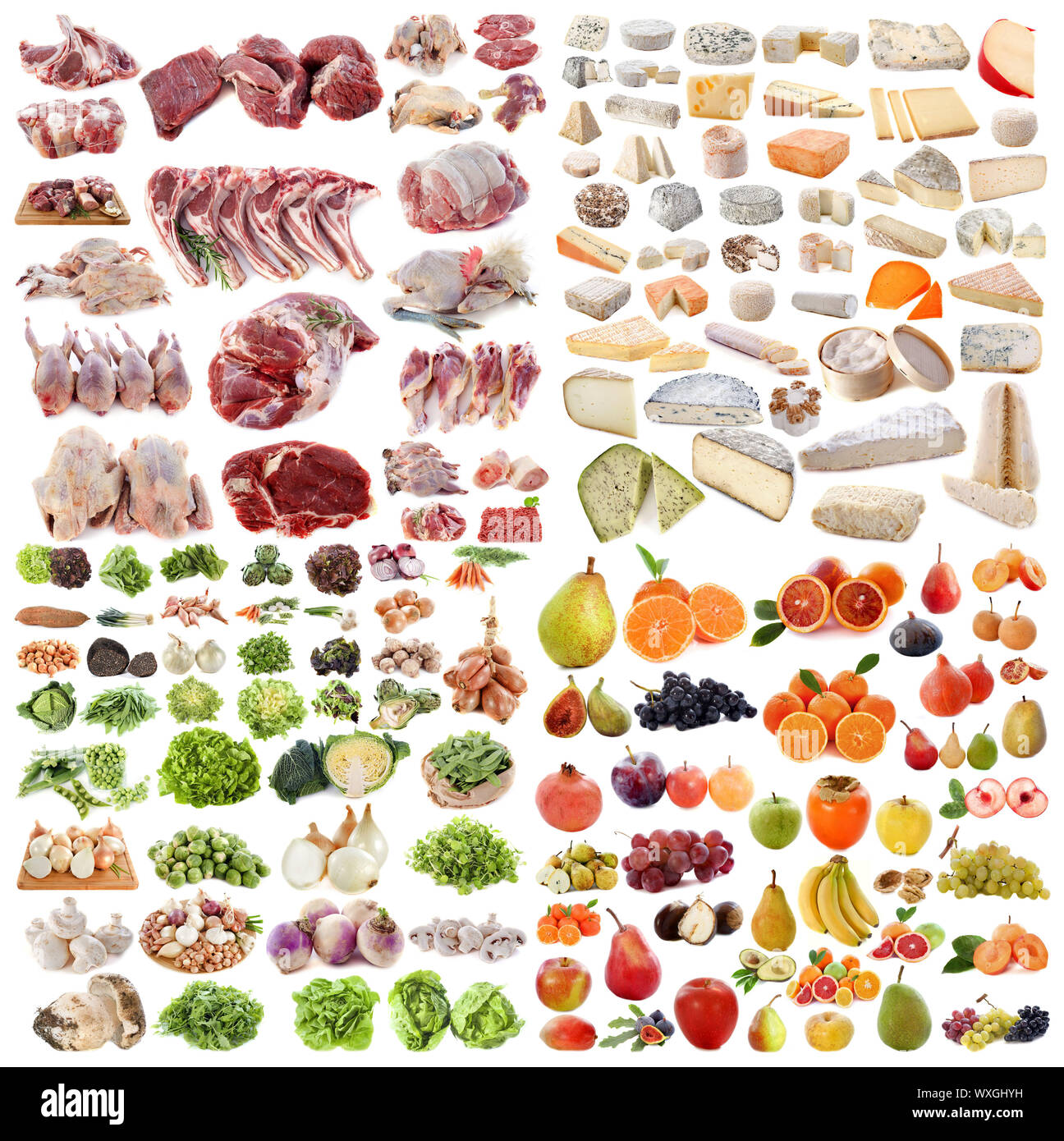 large group of food in front of white background Stock Photo