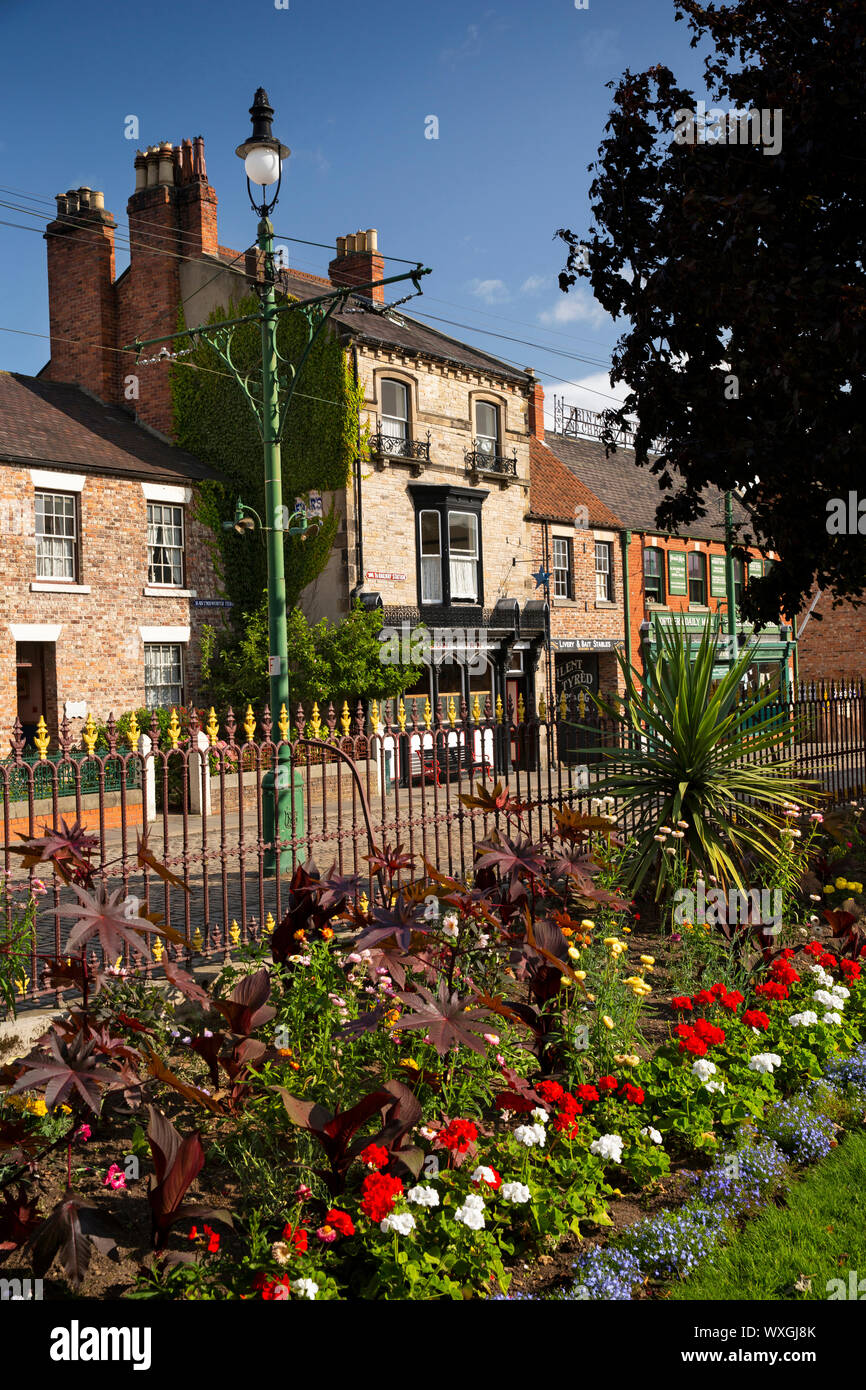 UK, County Durham, Beamish, Museum, Town, floral planting in Redman Park borders Stock Photo