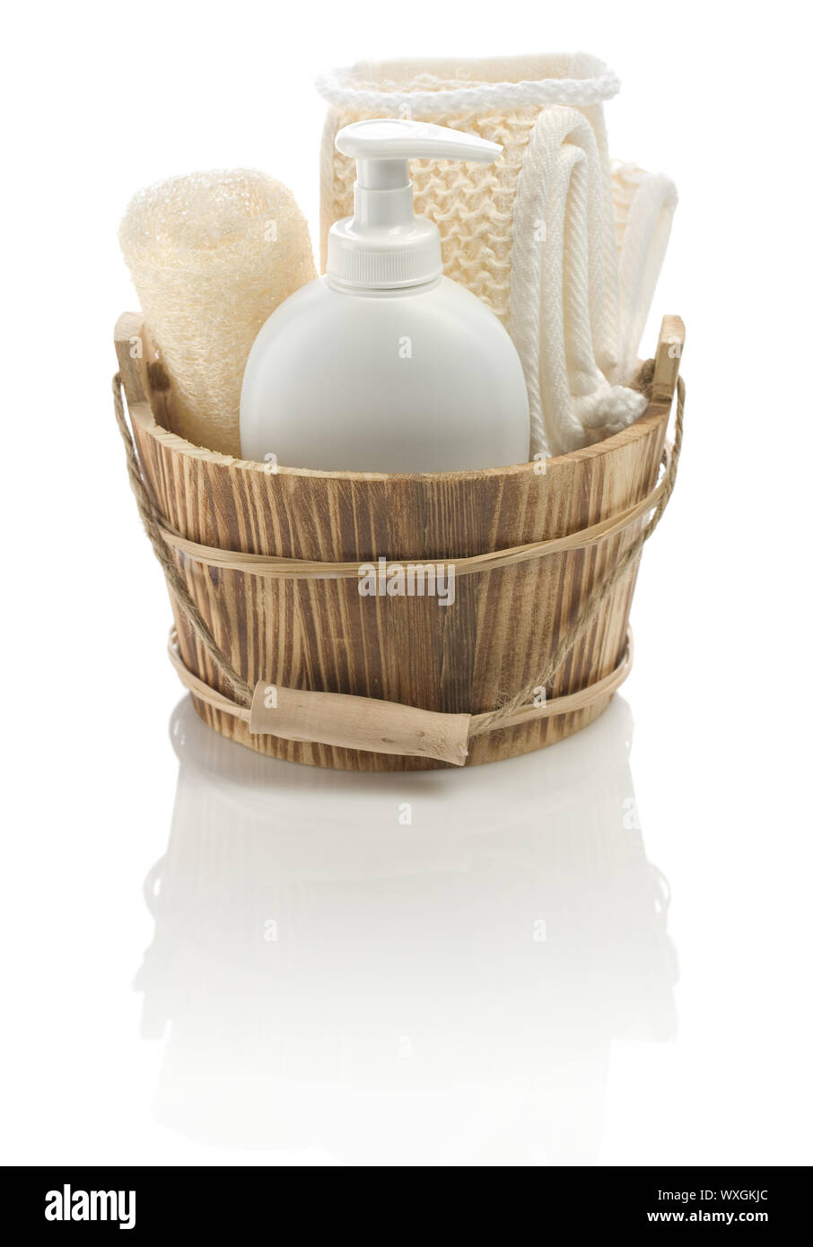 bucket with bathing accessories Stock Photo Alamy