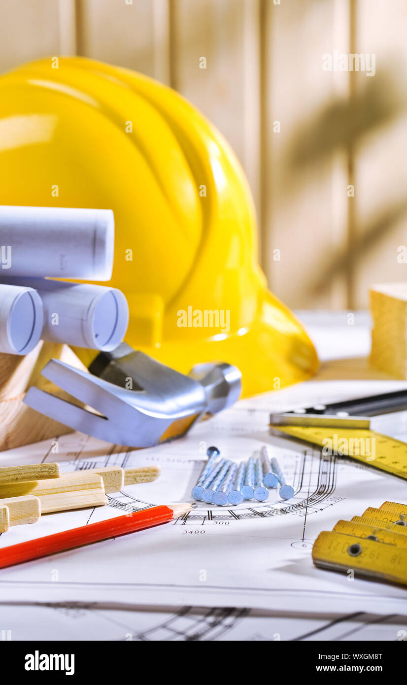 carpentry tools on table with blueprints Stock Photo - Alamy