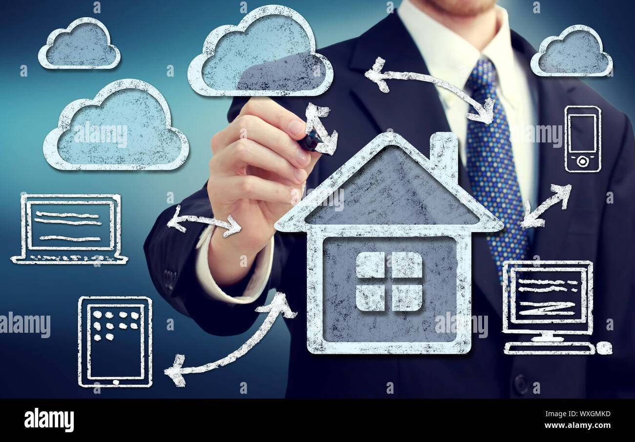 Cloud Computing at Home Concept over Blue Background Stock Photo