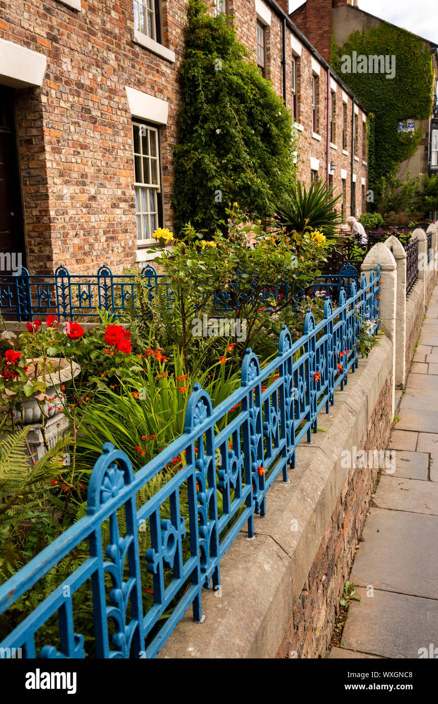 UK, County Durham, Beamish, Museum, Town, Main Street, Ravensworth Terrace, blue painted railings outside front gardens Stock Photo