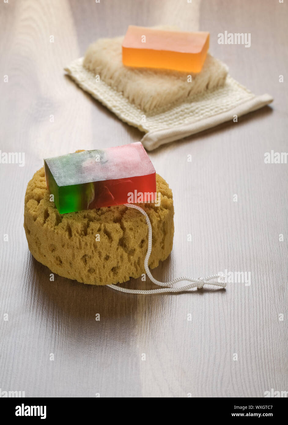 bath sponges with soap Stock Photo Alamy