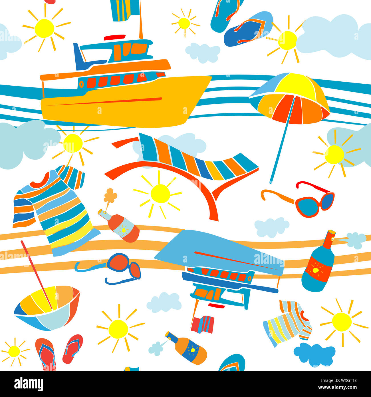 Summer vacation seamless pattern with barge and beach objects over waves Stock Photo