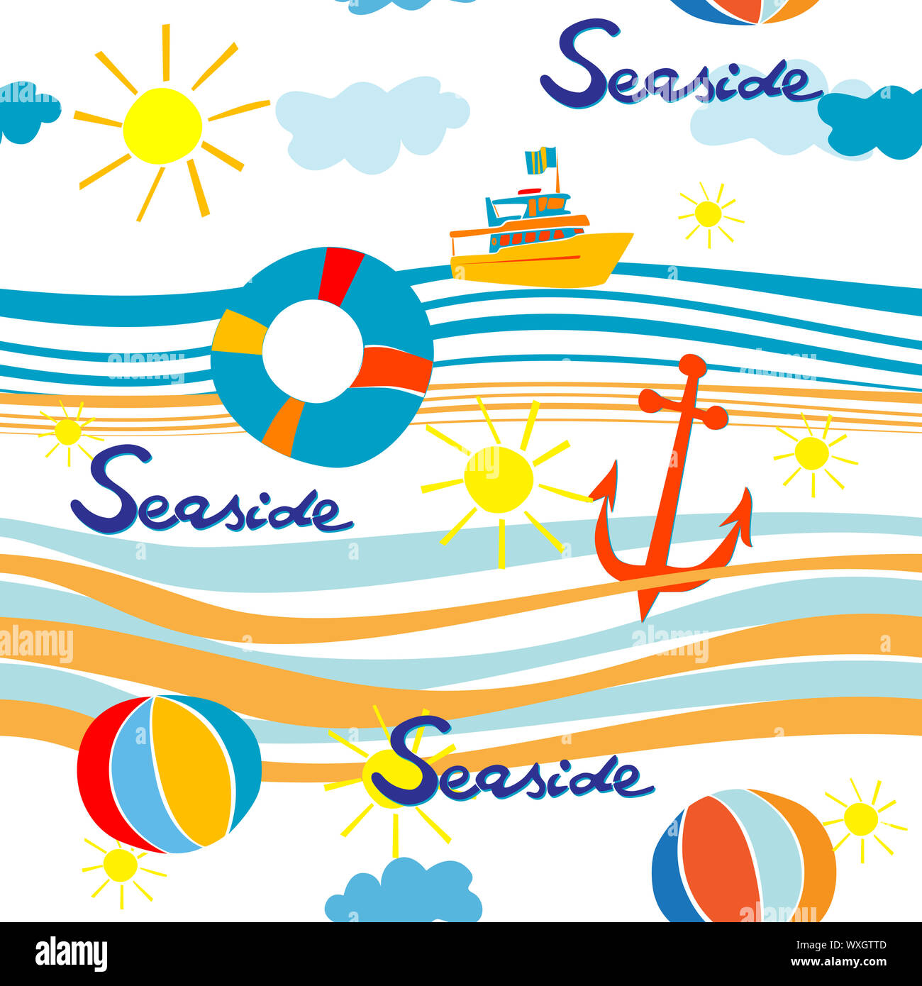 Seaside pattern with boat, life buoy, anchor and beach balls over waves Stock Photo