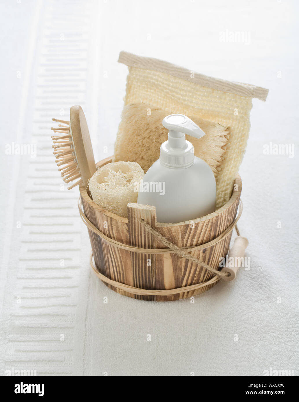 wooden bucket with objects for bathing Stock Photo Alamy