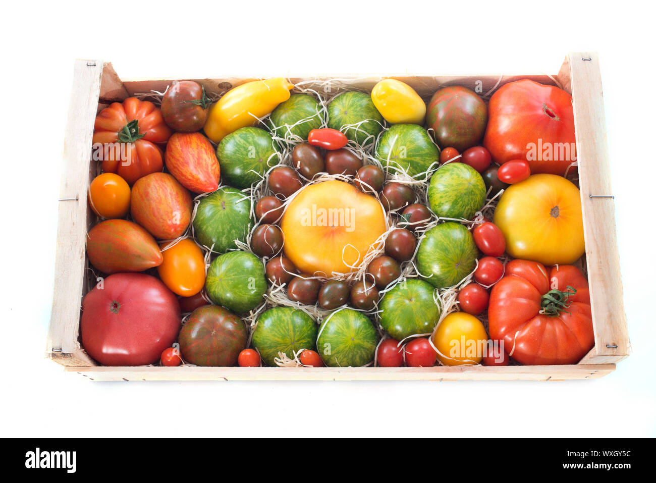 crate of tomatoes in front of white background Stock Photo - Alamy