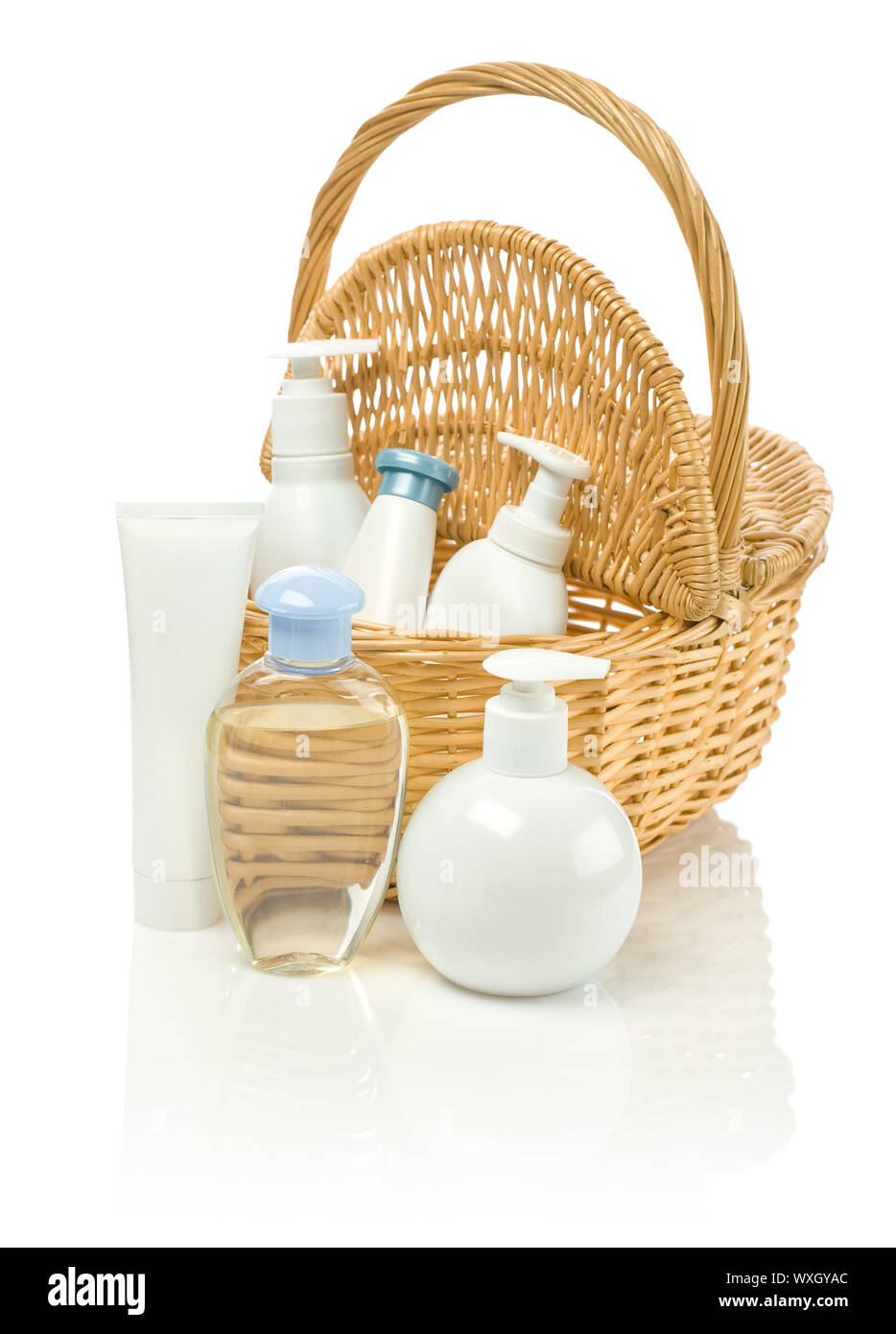 bottles and tubes with basket Stock Photo