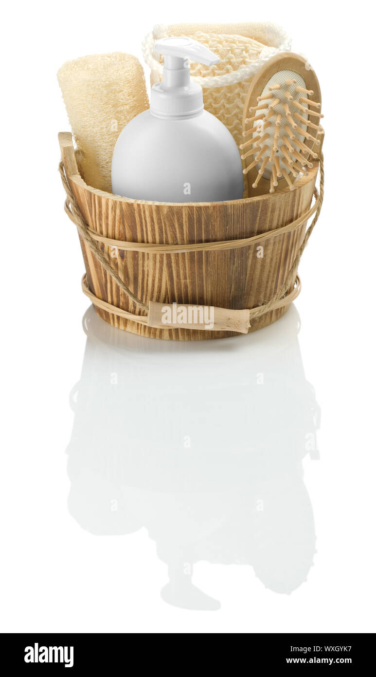 wooden bucket with toilet articles Stock Photo Alamy