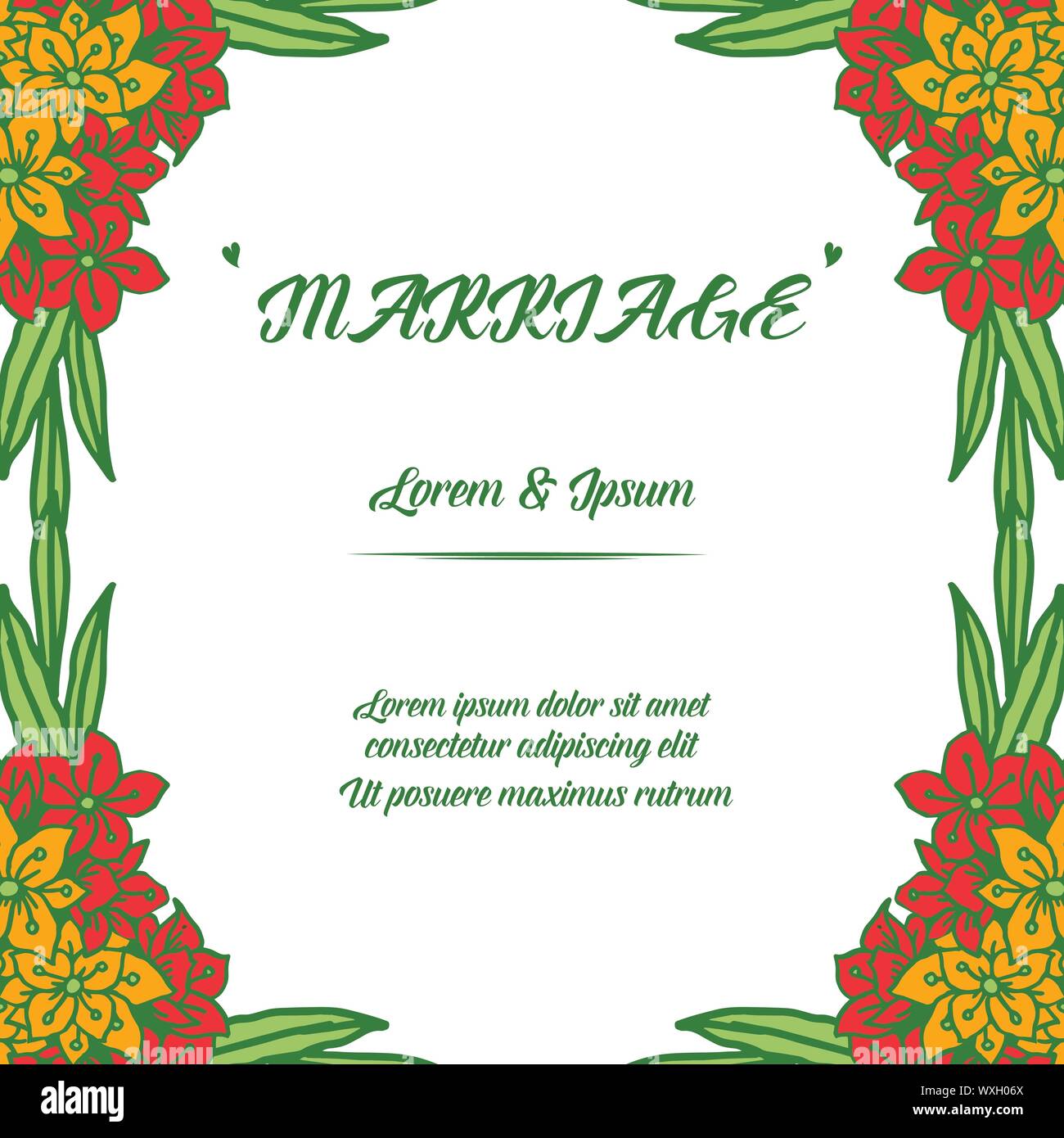 Modern greeting card of marriage, with design colorful floral frame and ...