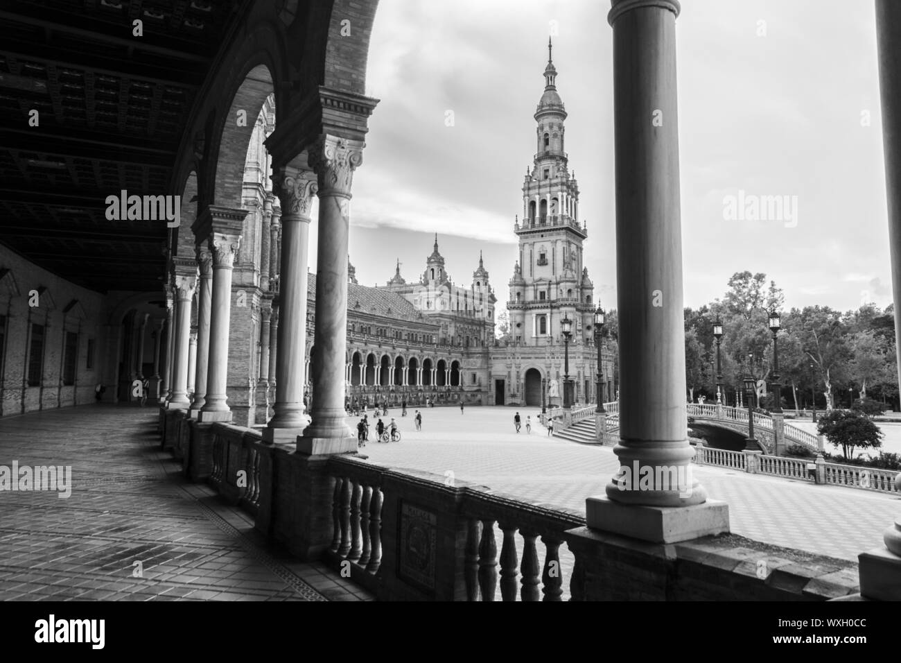 An image of the Plaza de Espana known in English as Spanish Plaza. One of the most popular tourist destinations in Seville, Spain. Stock Photo