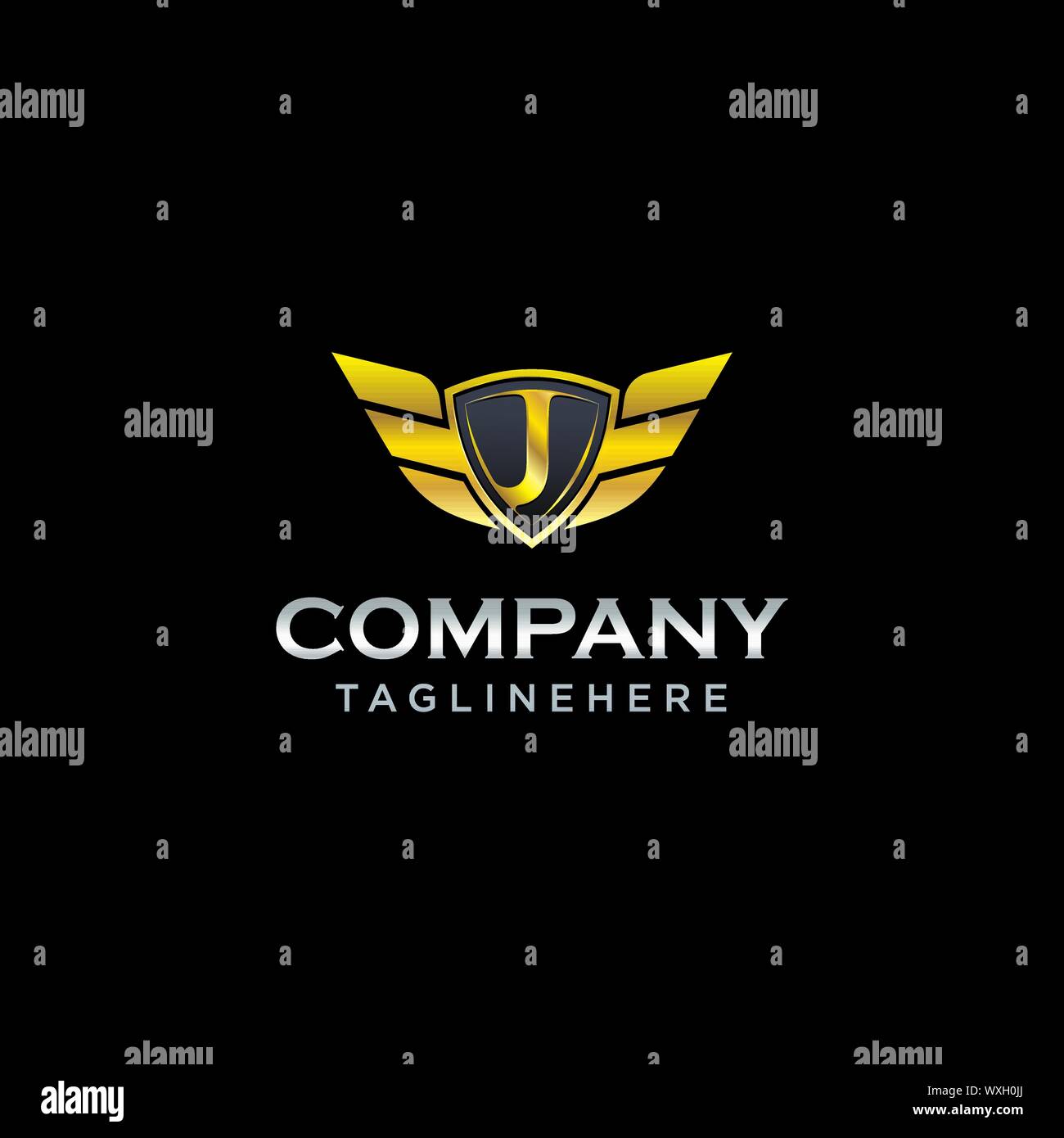 letter J shield with wings gold color logo design concept template ...
