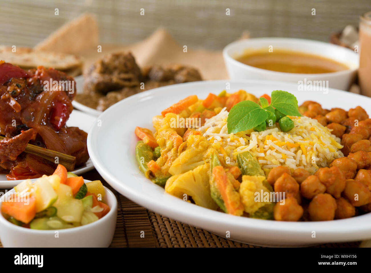 Biryani rice or pilau rice with curry, fresh cooked basmati rice with