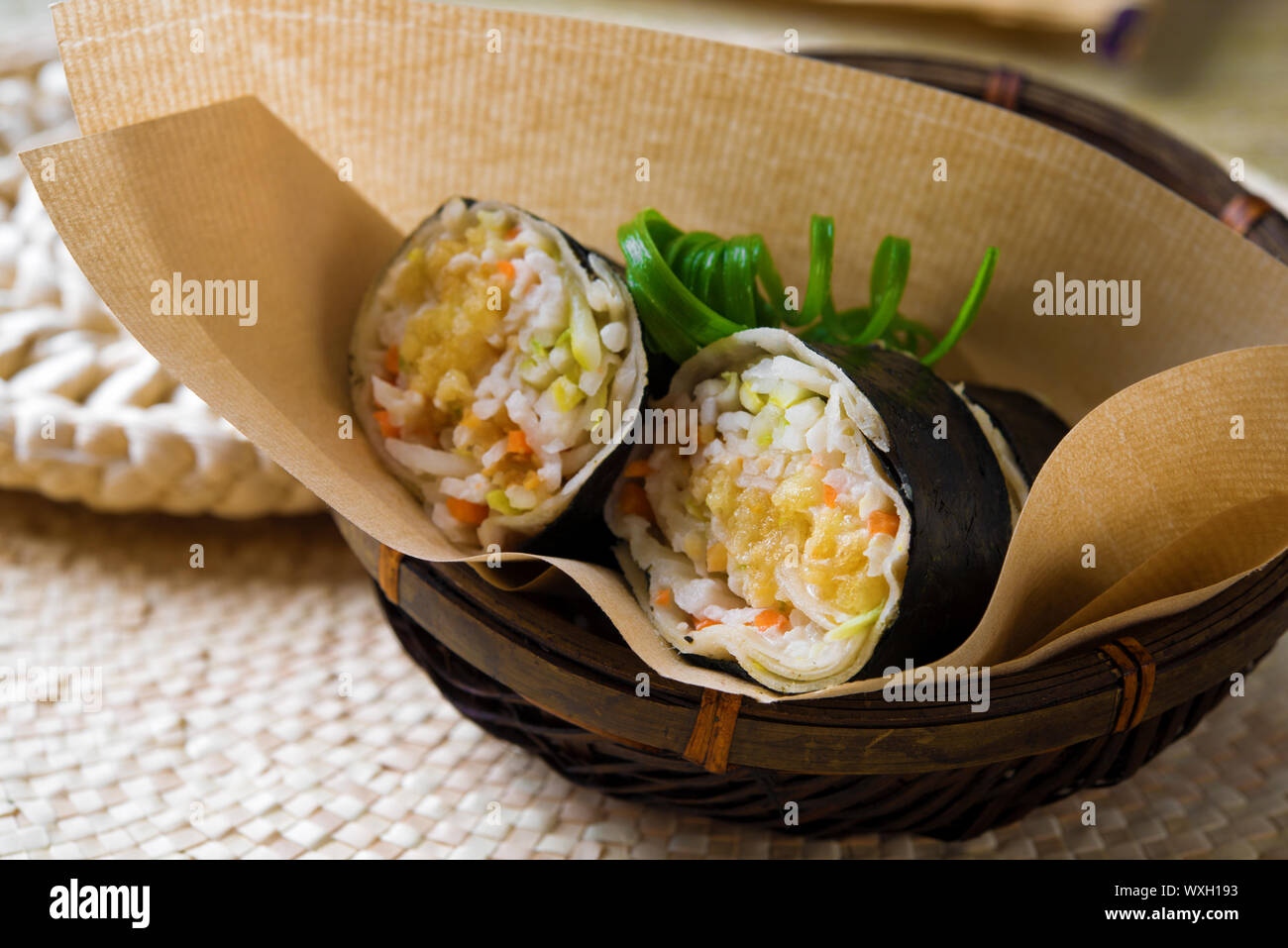Closeup of a Malaysia popiah fresh spring roll filling with turnip