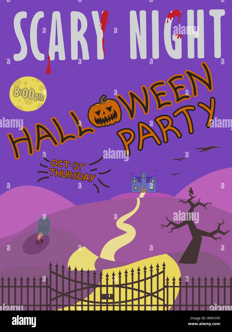 Vector illustration of halloween party invitation with haunted house, moon, yard and tombstone. Stock Vector