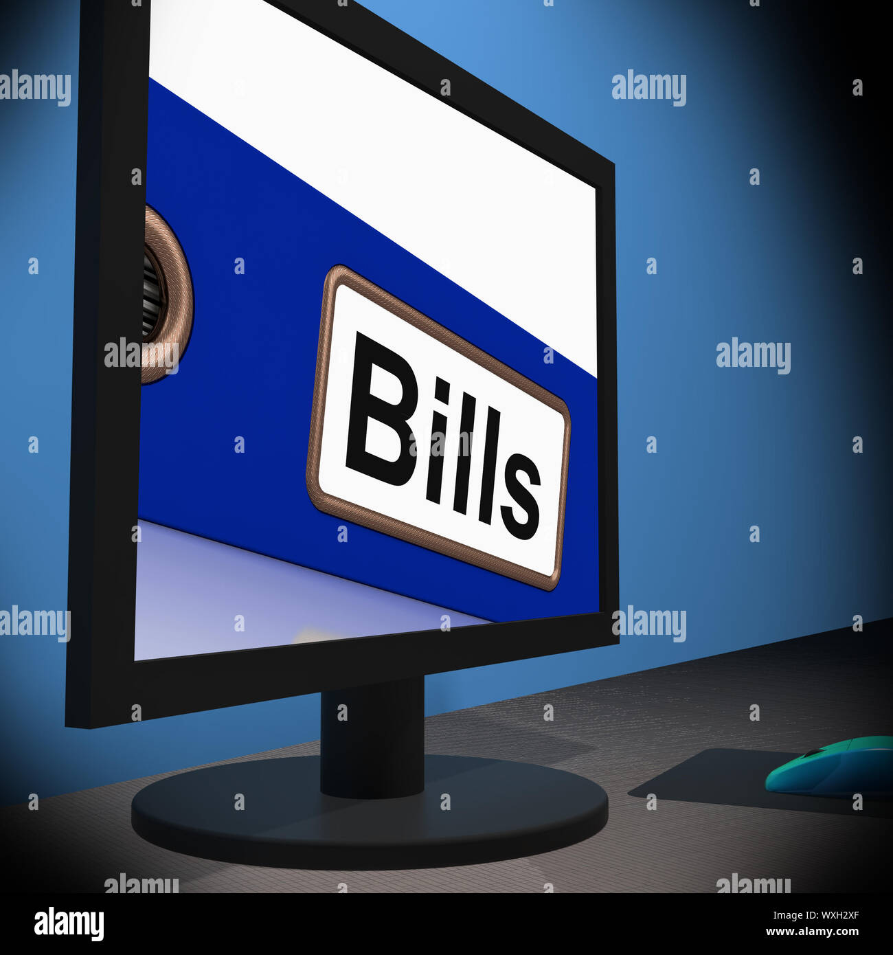 Bills On Monitor Showing Paying Expenses Or Taxes Stock Photo - Alamy
