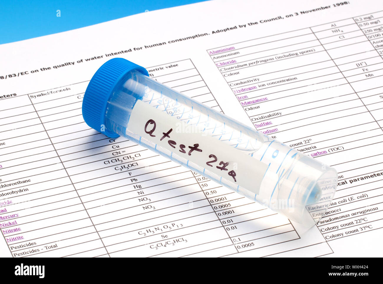 Drinking water in the test tube for chemical and microbiological