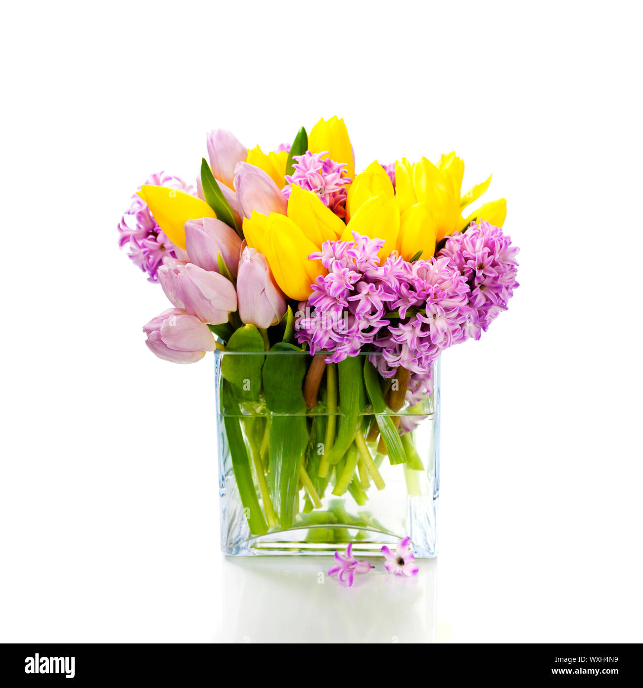 Beautiful spring flowers in vase over white Stock Photo