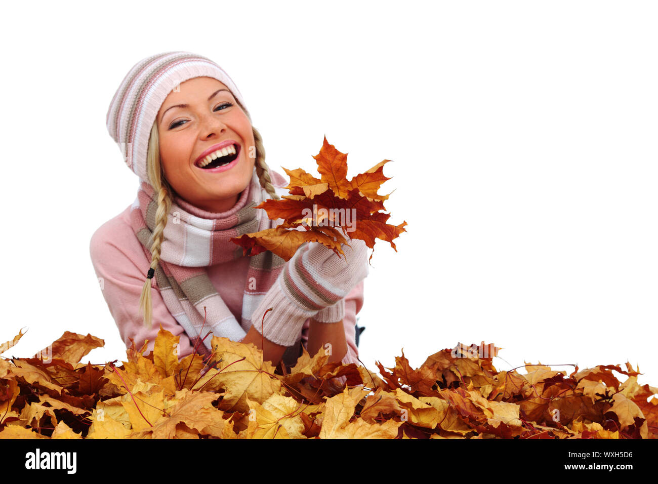 studio portrait of autumn woman in yellow leaves Stock Photo - Alamy
