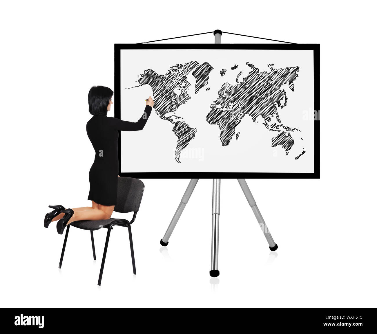 businesswoman drawing world map on flip chart Stock Photo - Alamy
