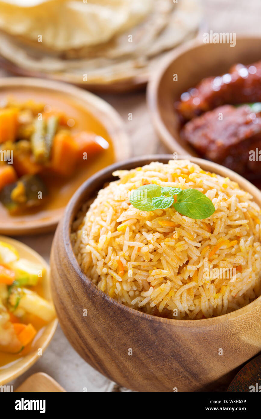 Biryani rice or pilaf rice with curry, fresh cooked basmati rice with