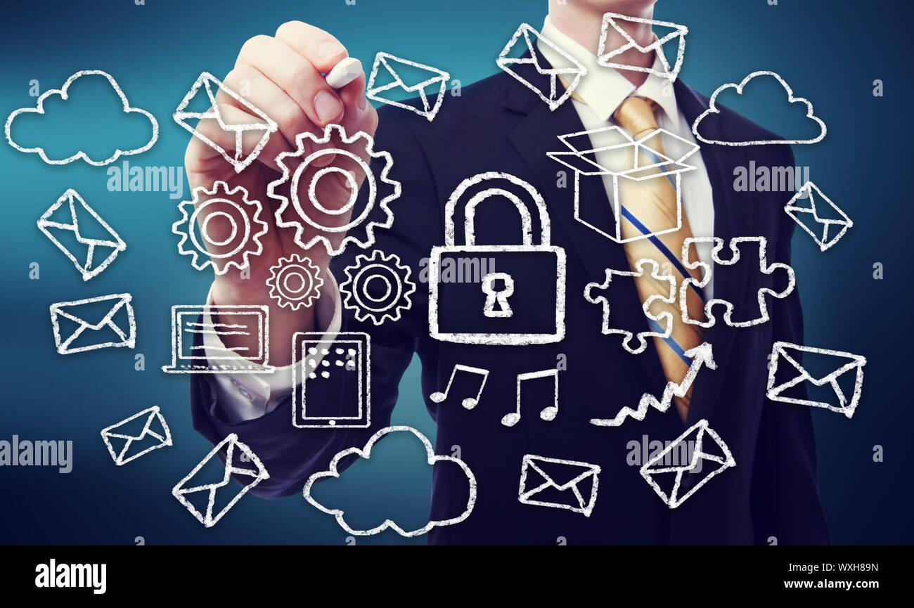 Secured Online Cloud Computing Concept with Business Man Stock Photo