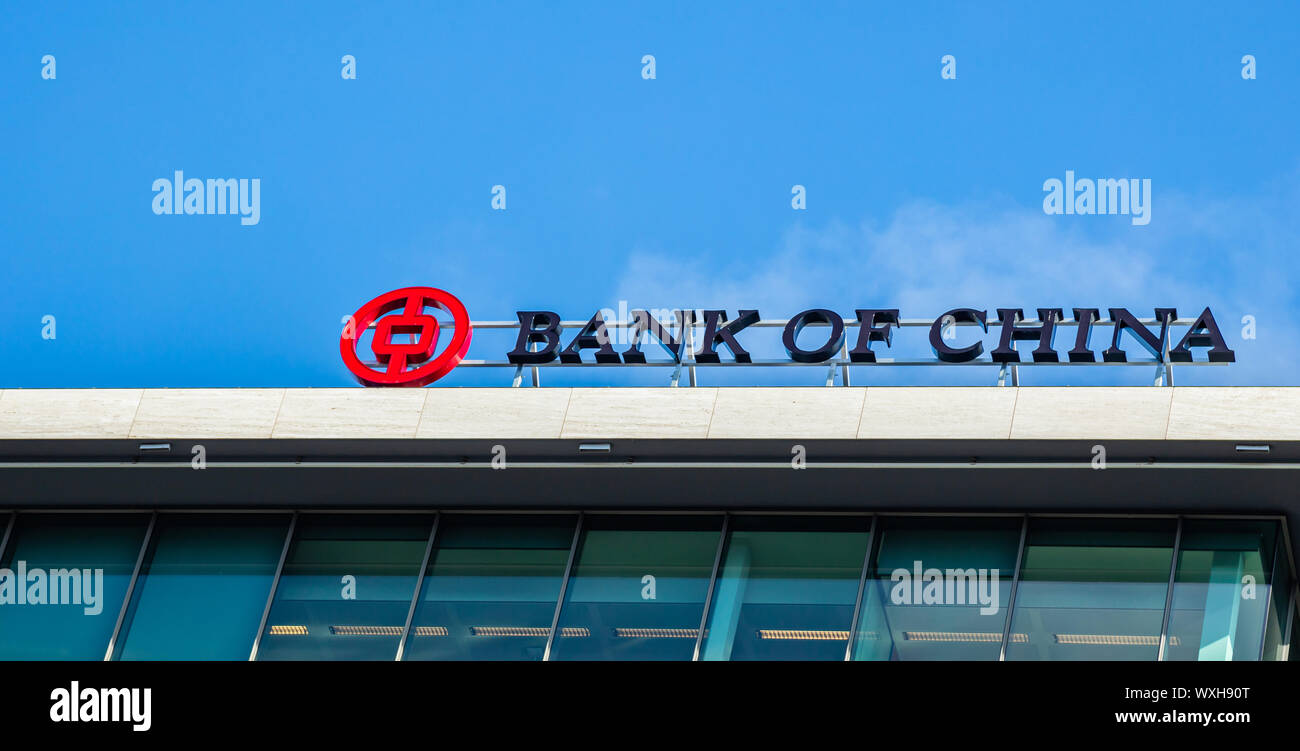 Rotterdam, Netherlands. June 27, 2019. Bank of China sign, clear blue sky background, space, banner. Stock Photo