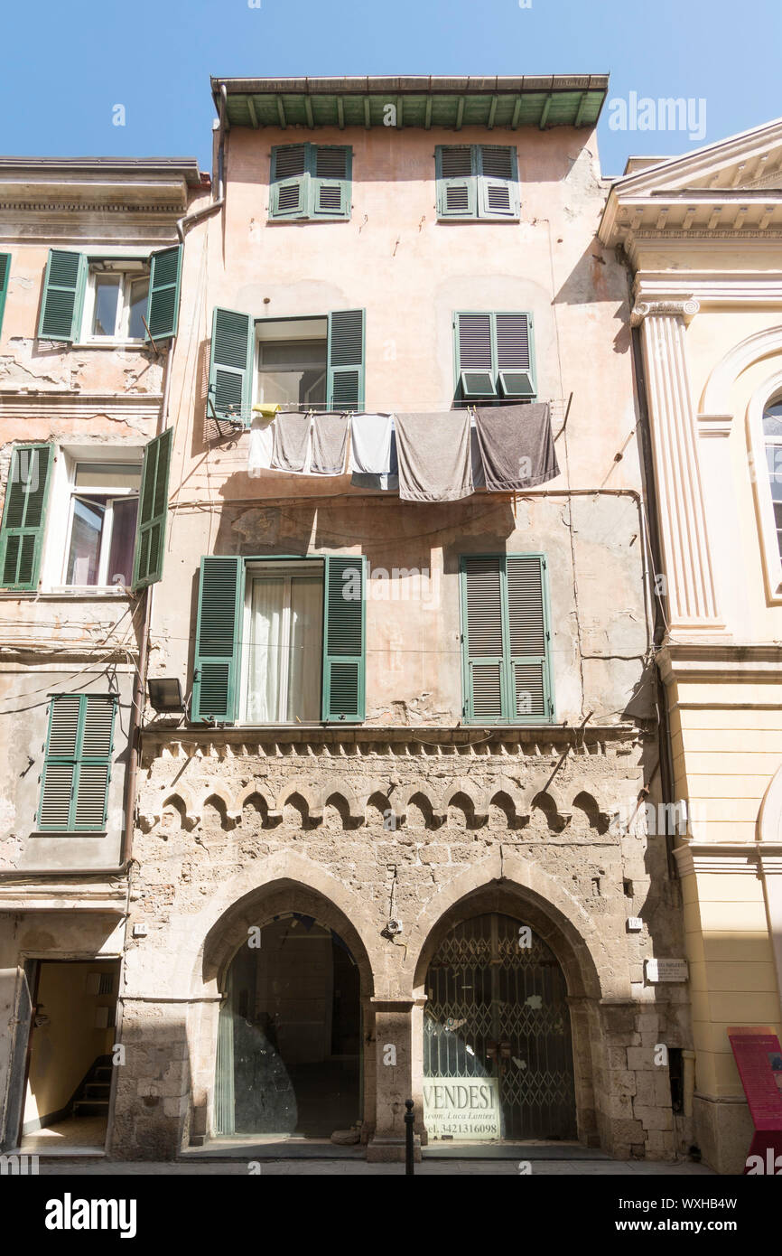 15th century building the Loggia del Parlamento in Ventimiglia old town, Liguria, Italy, Europe Stock Photo