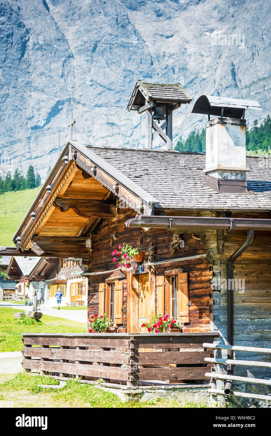 Huts in the Austrian Alps at a place called Hinterriss, Eng on a sunny ...