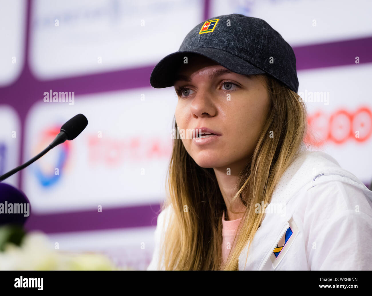 Simona Halep of Romania talks to the media during the All Access Hour