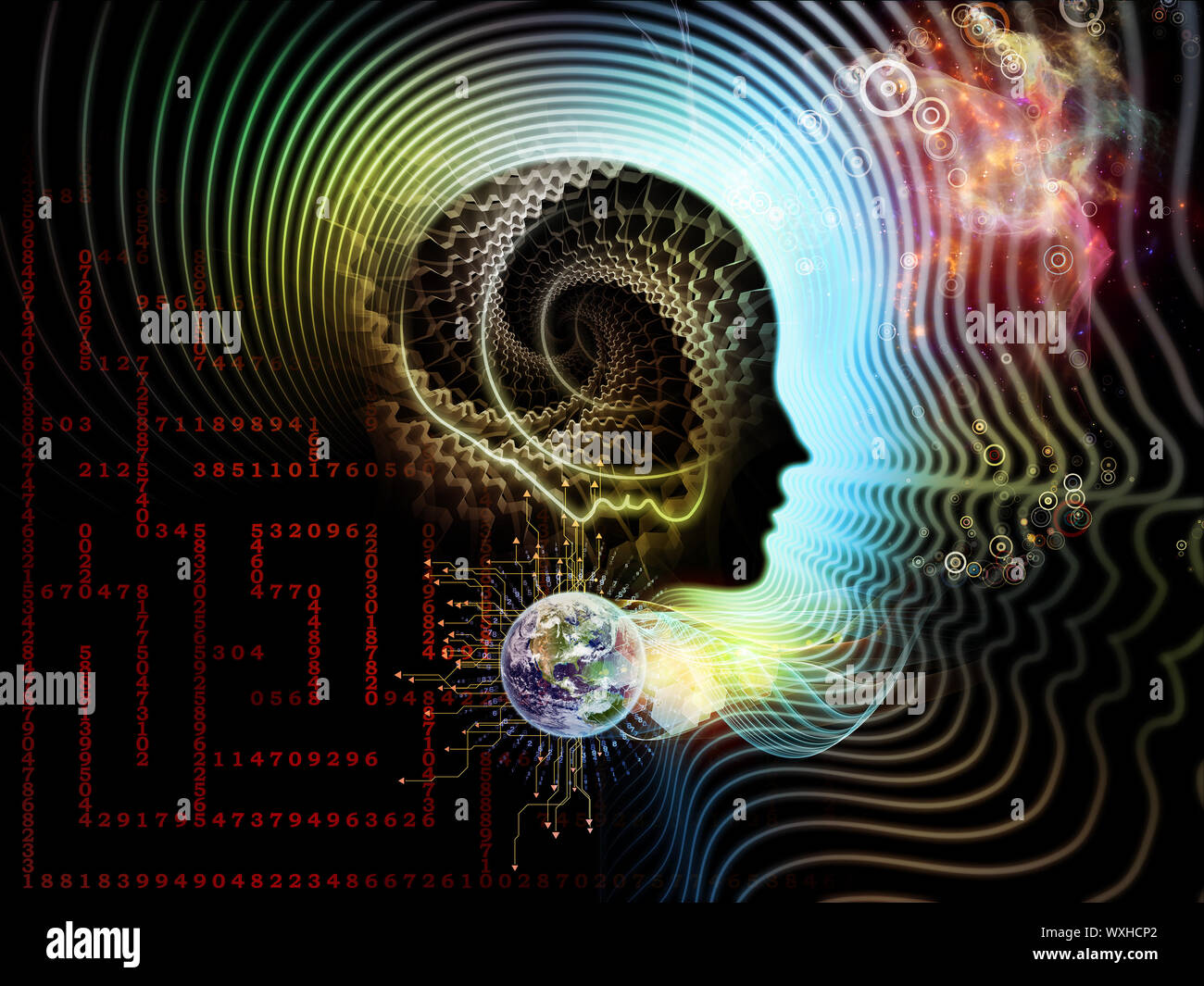 Abstract composition of human feature lines and symbolic elements ...