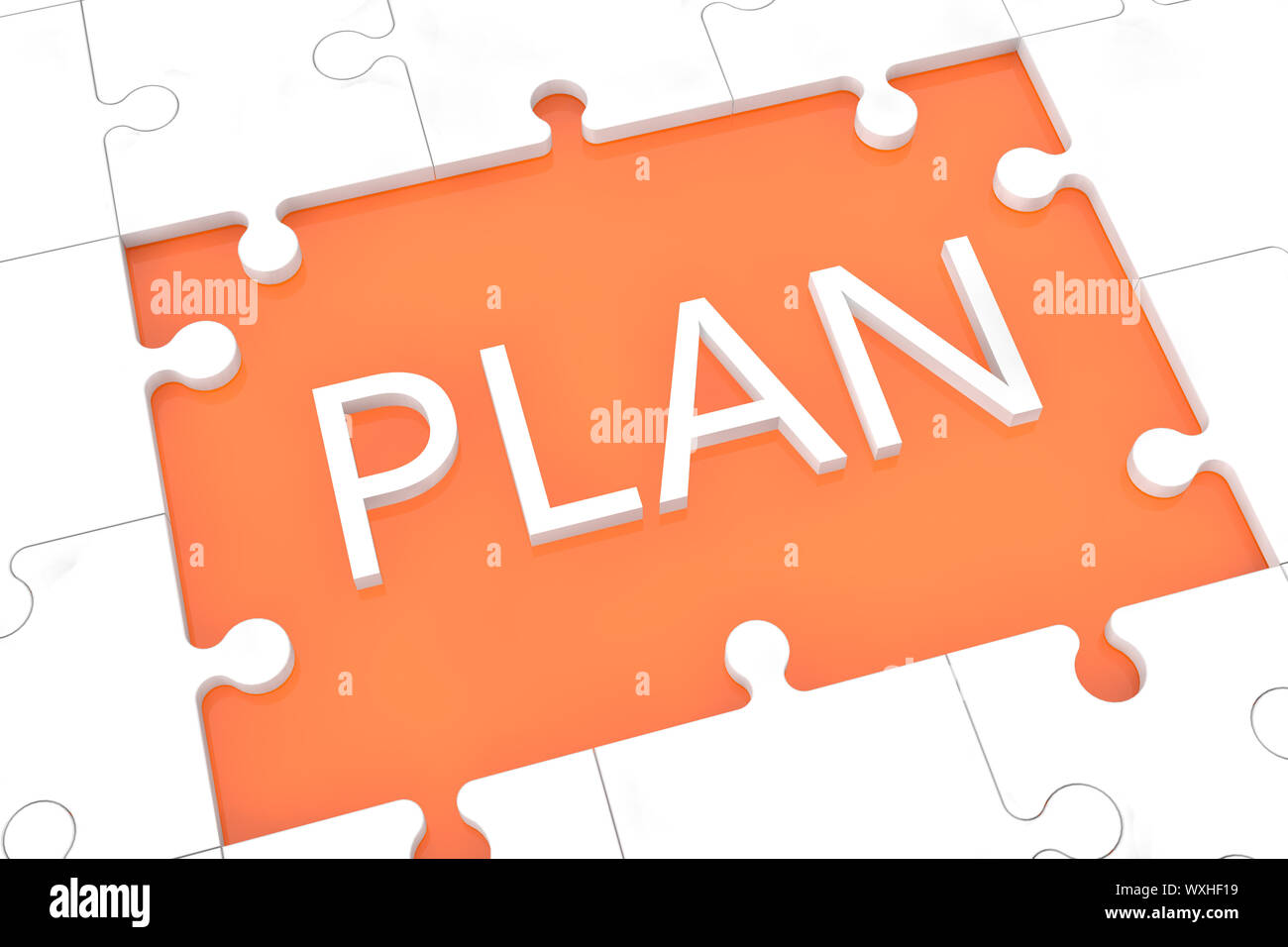 puzzle with words on orange background concept: Plan Stock Photo