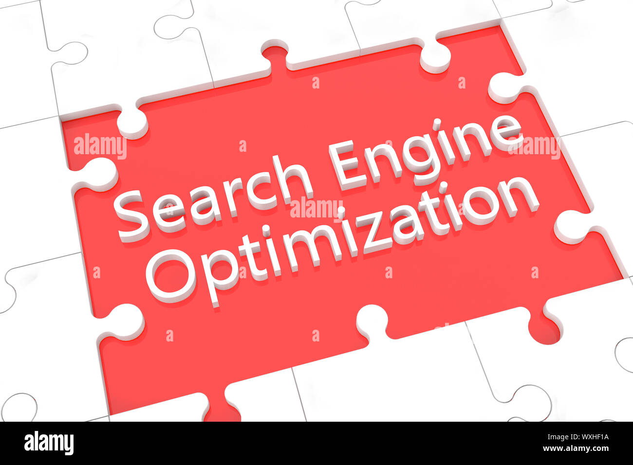 puzzle with words on red background concept: Search Engine Optimization Stock Photo