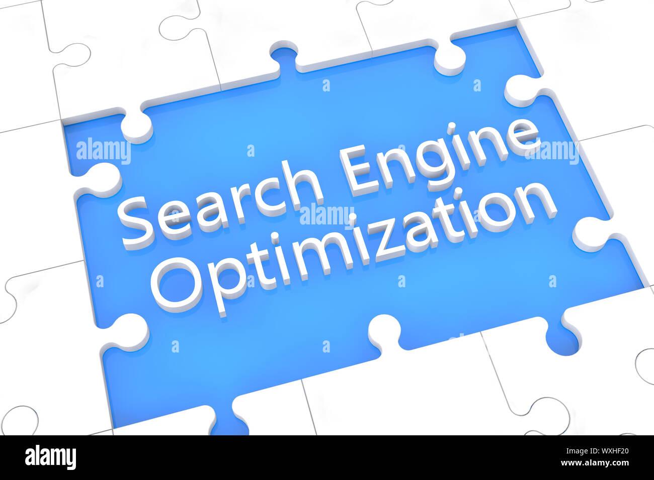 puzzle with words on blue background concept: Search Engine Optimization Stock Photo