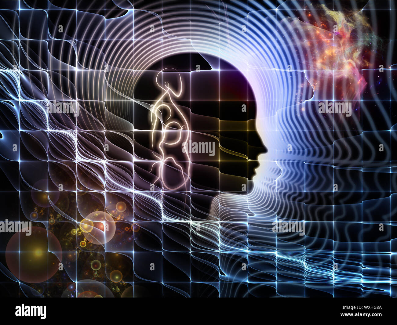 Backdrop composed of human feature lines and symbolic elements and ...