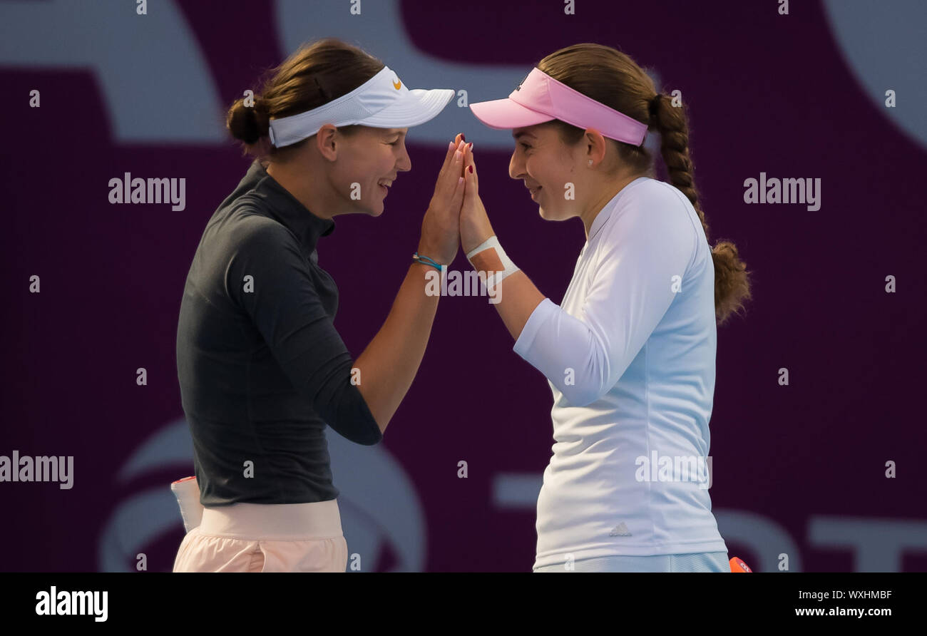 Veronika Kudermetova of Russia & Jelena Ostapenko of Latvia in action