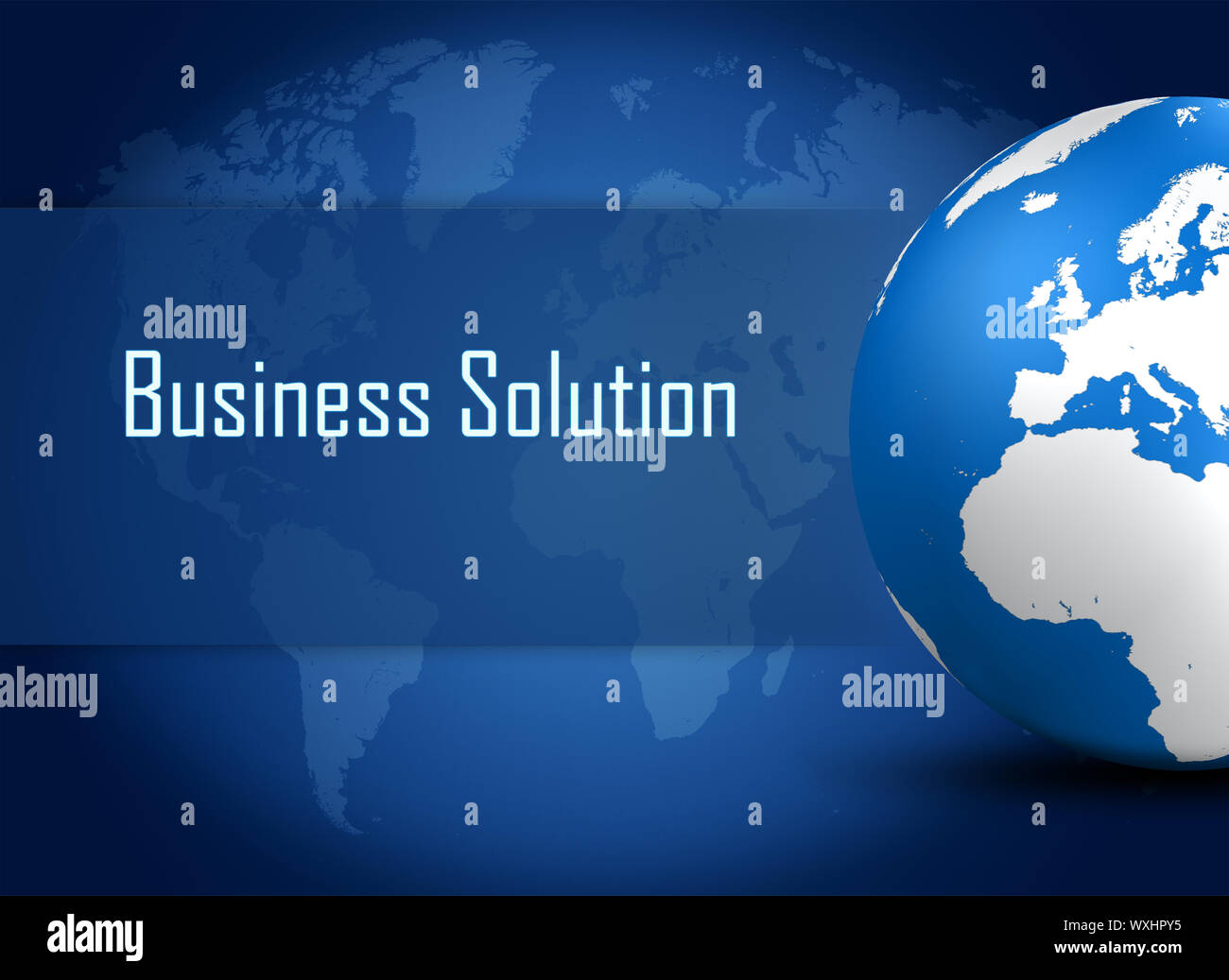 Business Solution concept with globe on blue world map background Stock ...