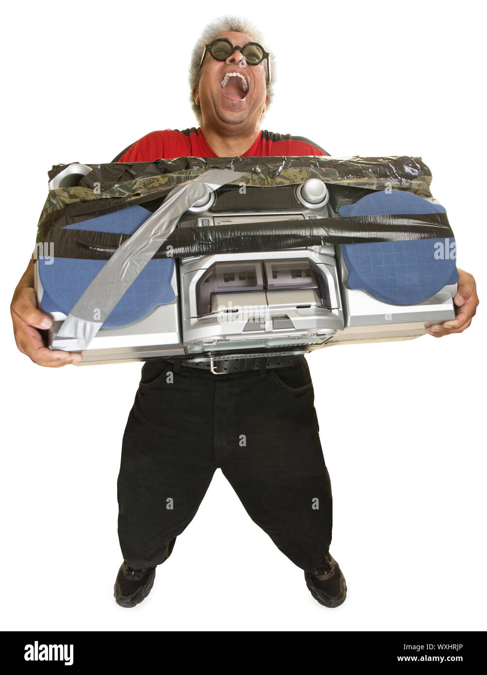 Hysterical man with sunglasses and taped boom box Stock Photo