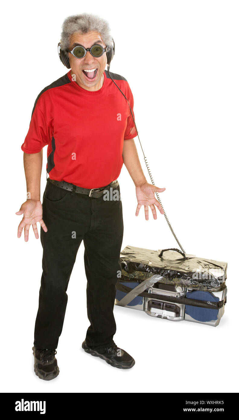 Excited Black man with old portable tape deck and headphones Stock Photo