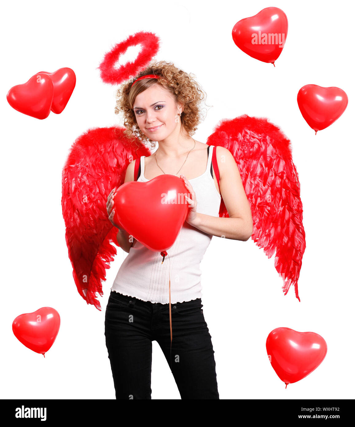 young beautiful girl with red angel wings, numb and hearts over white Stock Photo