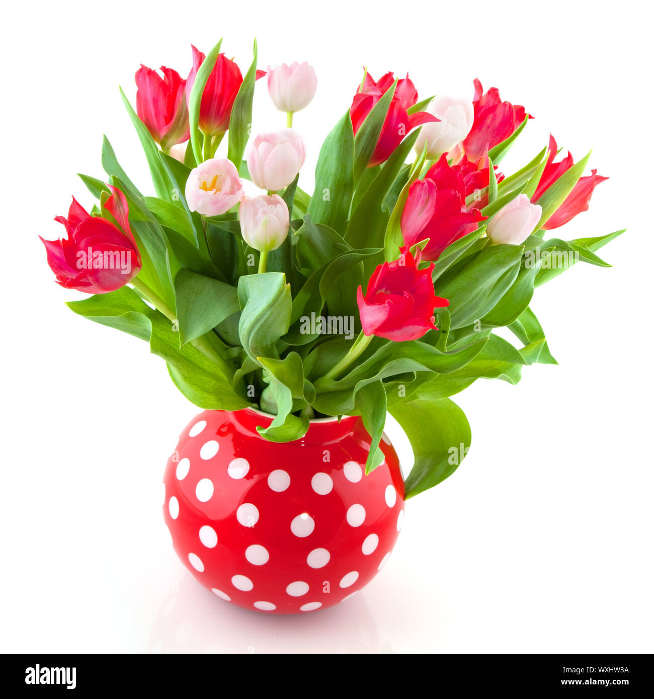 cheerful bouquet tulips in red and pink in speckles vase Stock Photo