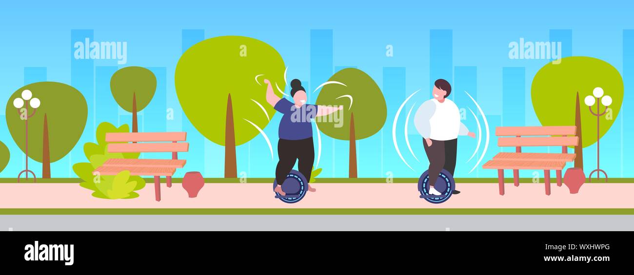 fat obese man woman riding self balancing scooter couple standing on electric gyroscooter personal electrical transport obesity concept urban park Stock Vector