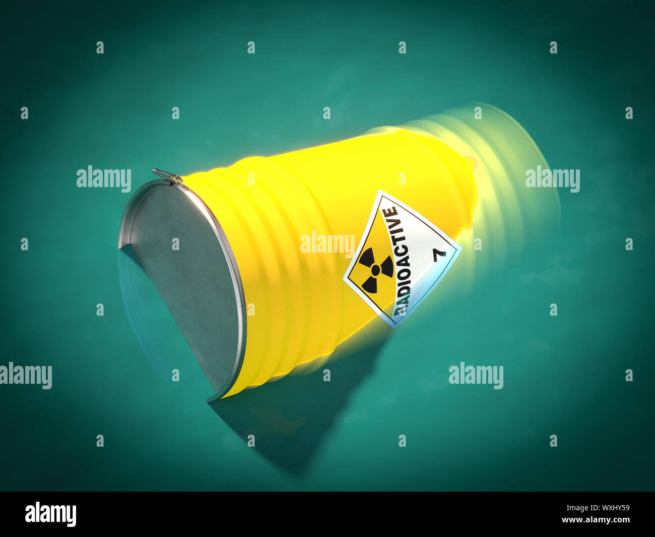 barrel containing radioactive waste floats in the middle of the sea. 3d image rendering. Concept of ecological disaster. Stock Photo