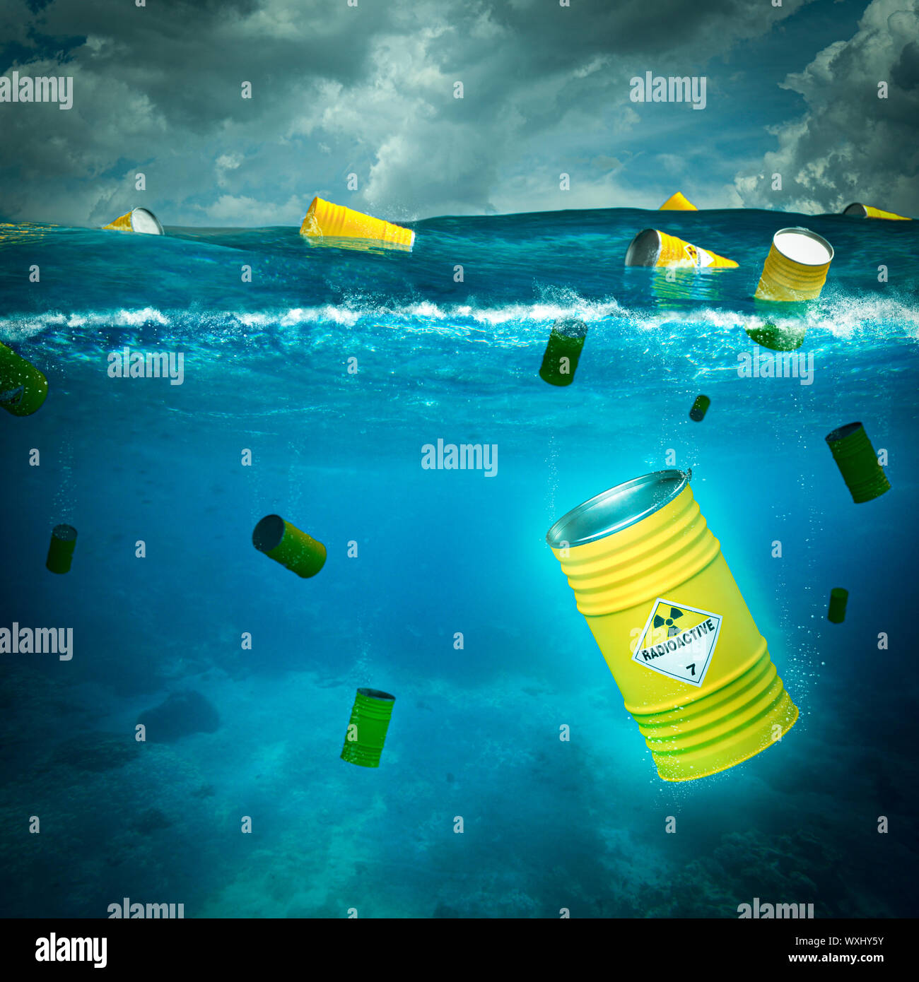 radioactive barrels abandoned in the middle of the sea sink into the ocean. concept of environmental disaster. 3d render image. Stock Photo