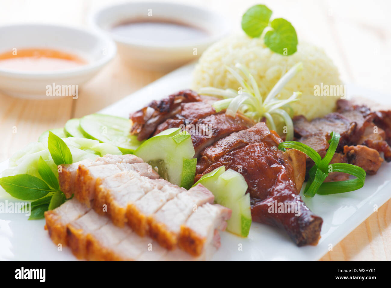 Roasted duck, roasted pork crispy siu yuk and Charsiu Chinese style
