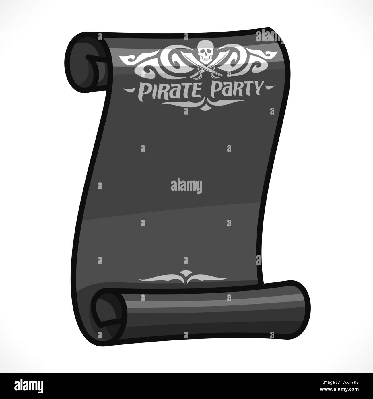 Vector image of black scroll for Pirate Party: skull and crossed swords on old papyrus manuscript Stock Vector