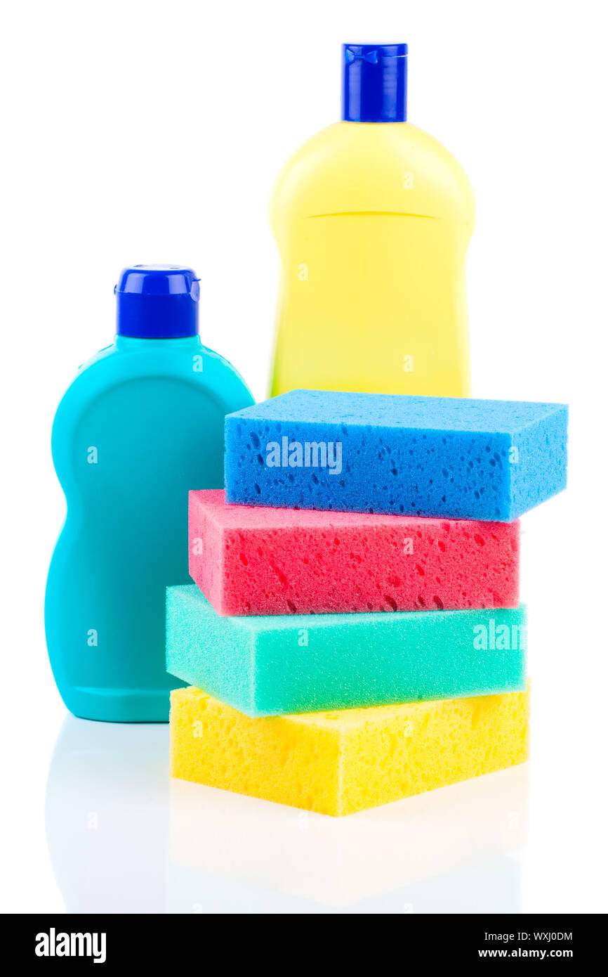 Plastic detergent bottles with sponges Stock Photo