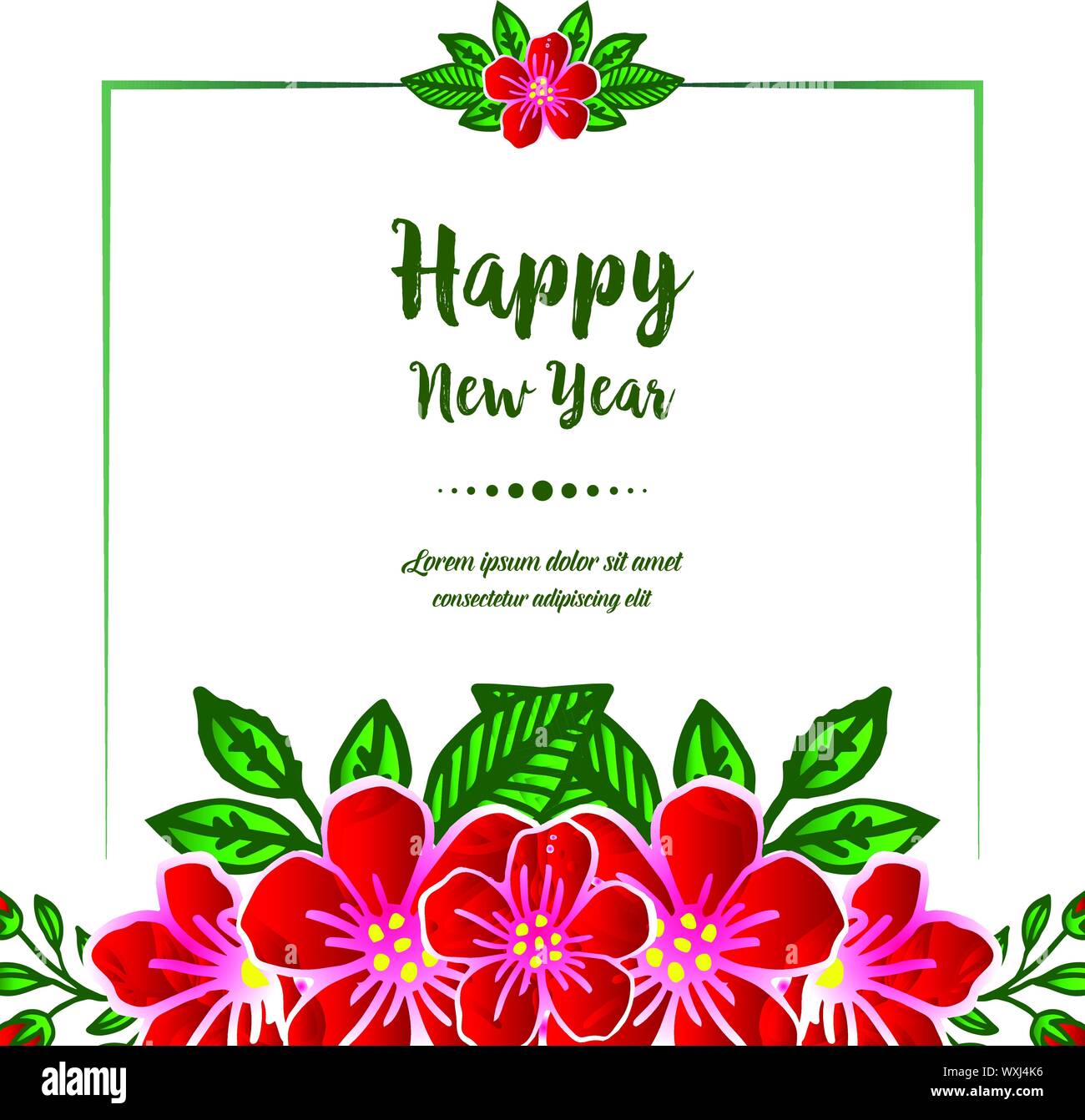 Design of card happy new year, with artwork of red floral frame. Vector ...