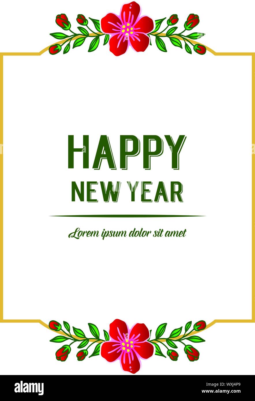 Design of card happy new year, with artwork of red floral frame. Vector ...