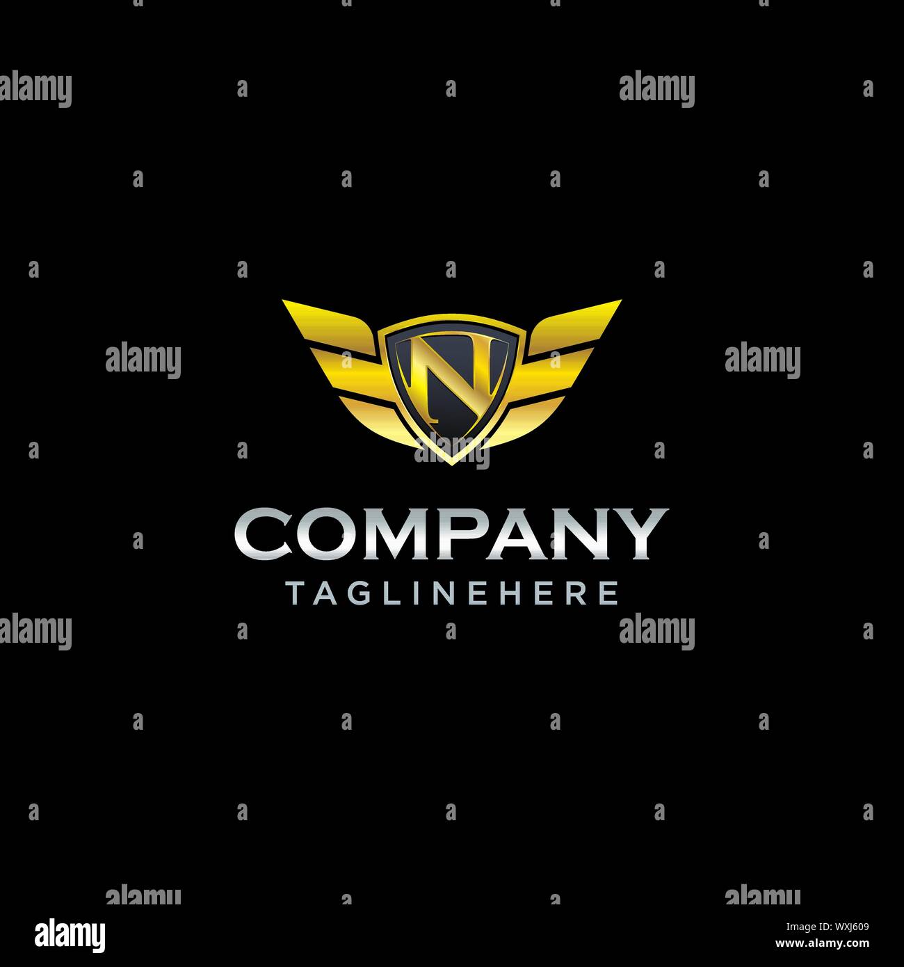 letter N shield with wings gold color logo design concept template ...